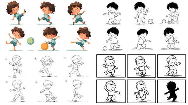 Cartoon character illustration set showing child movement poses sketch and outline stages ideal for animation design education character development and creative process presentations