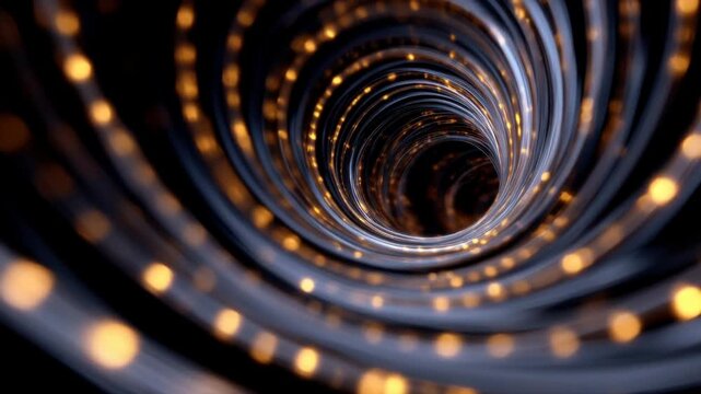 Close-up of camera lens aperture shift concept. A swirling design with glowing lights, creating an illusion of depth and movement.