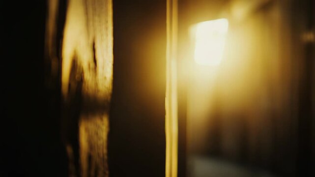Golden light slices through rough wooden bars, casting warm glow and deep shadows in a somber interior a visual metaphor of confinement, hope and the longing for escape