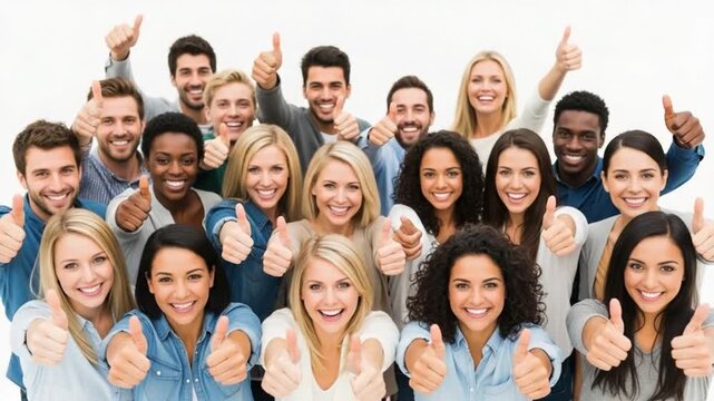 Diverse group of young adults giving thumbs up isolated on white background