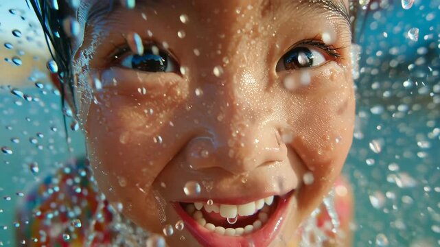 Close-up of a smiling child with water splashing on their face  celebrating Songkran festival with joy and