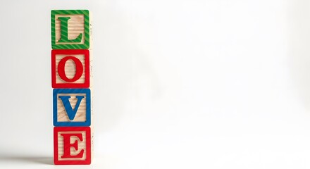 Colorful wooden alphabet blocks spelling love on a white background
