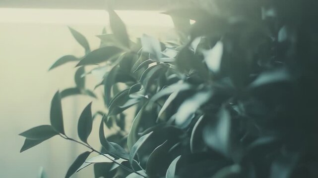 Green leaves on a plant stem thrive in a tranquil indoor environment, illuminated by soft, diffused light creating a peaceful and serene atmosphere with ample copy space