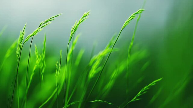 Close up view of delicate common bent grass stems with seed heads gently moving in the wind against a soft, blurred background, creating a serene and tranquil atmosphere
