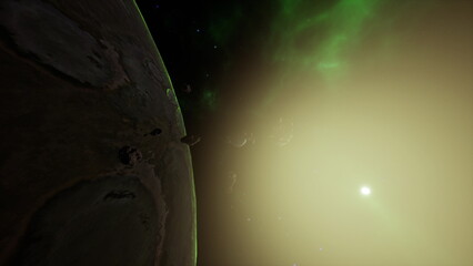 closeup planet limb with aurora band, rugged cratered terrain and textured regolith visible in sharp relief, illuminated ridge lines and deep shadows, © icetray