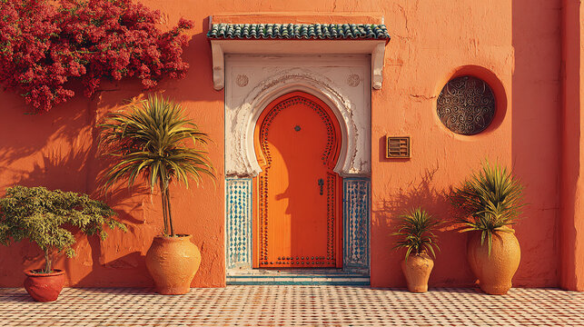 An aesthetic view of a Moroccan style door with vibrant colors, potted plants, and architectural details