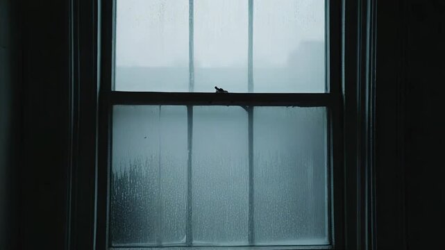 Dimly lit room showing a window with condensation and streaks of rain on the glass, creating a dark, lonely, and melancholic atmosphere of isolation and abandonment
