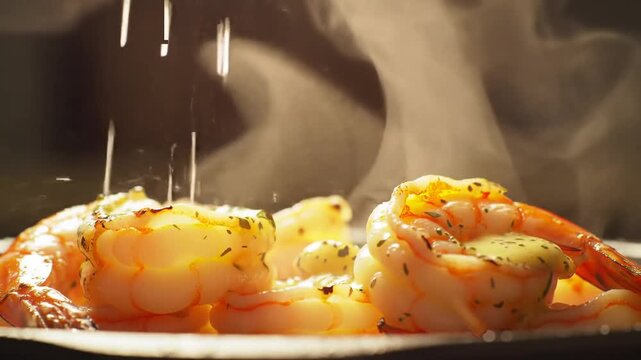 Close-up of succulent shrimp being seasoned with spices, creating a delicious and aromatic culinary experience.