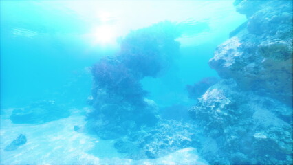 Underwater sunlit reef plateau with bright beams and soft sand patches, open shallow seascape offering airy, optimistic mood for travel, wellness, © icetray