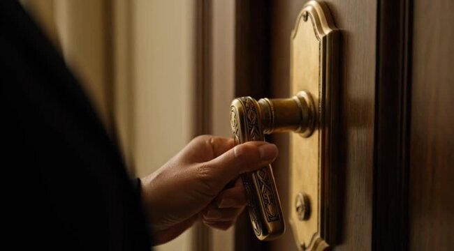 Close-up of a person's hand reaching for and turning an elegant, ornate brass door handle on a dark wooden door, evoking themes of access, opportunity, and new journeys