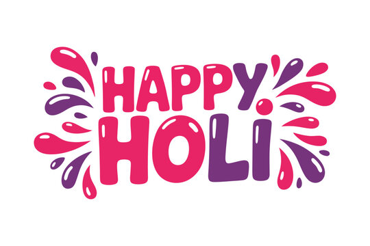 Happy Holi festive lettering with colorful splashes, gulal paint burst, spring celebration banner, party invitation graphic, holiday vector illustration