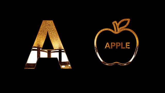 A alphabet text design with apple golden glitters shine light animation video