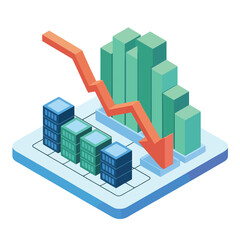 Fototapeta premium Red downward trend with city blocks, recession report presentation, finance department meeting, cost cutting session, expense reduction workshop agenda