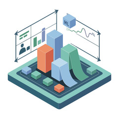 Business intelligence dashboard with charts and graphs, analytics presentation platform, performance metrics, forecasting models, isometric data visualization vector illustration