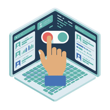 Isometric laptop with CRM dashboard, finger toggling switch, profile analytics, report charts, digital marketing management, customer data platform, vector