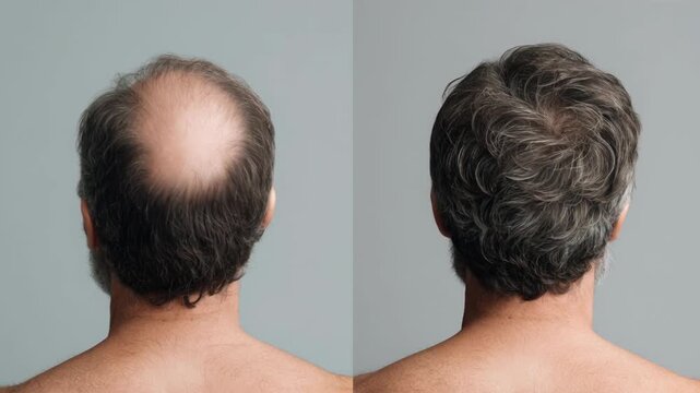 Bald man's change through hair transplant concept. Scalp hair recovery before after bald crown filling visible thickness change.