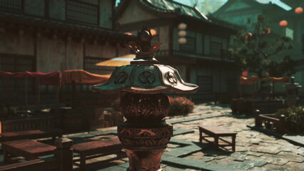 Naklejka premium A traditional Japanese temple with a glowing lamp on a table