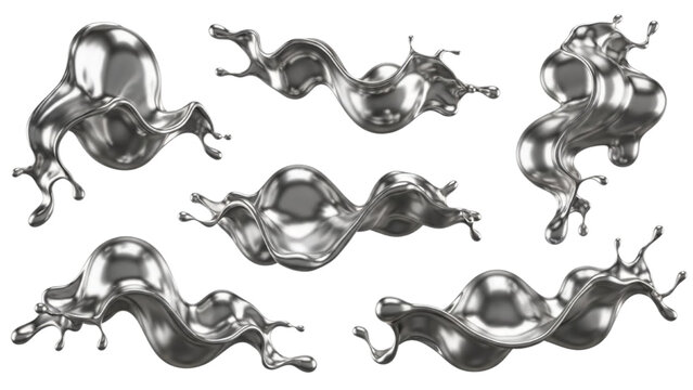 Dynamic liquid silver splashes creating abstract forms, reflecting light with elegant fluidity on a pristine background