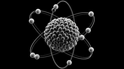 Detailed 3d illustration of an atom with electrons orbiting around the nucleus on a black background