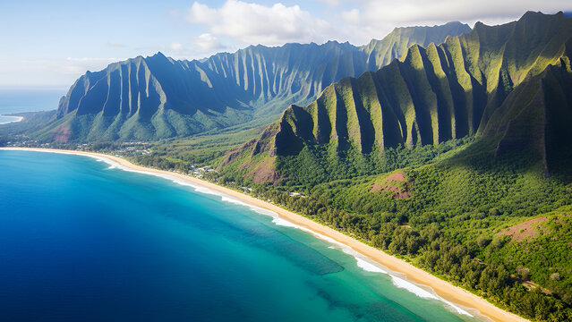Aerial view of Na Pali Coast with turquoise ocean and green mountains Hawaii Kauai