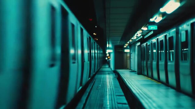 Subway station platform and tracks disappearing into the night, train waiting under moody lightsempty, quiet urban transit scene suggesting travel, speed and solitude