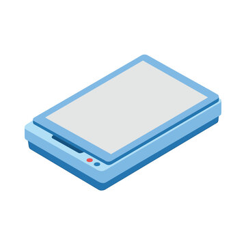 Blue cover flatbed scanner isometric illustration for photo scanning, artwork digitizing, design studio archive, university lab project, creative workflow.