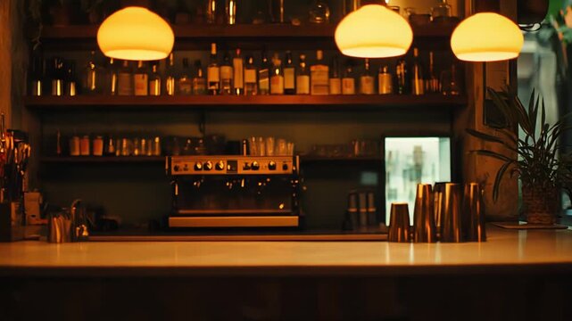 Warm illuminated bar counter with bottles, coffee machine, and shakers creating a cozy atmosphere, awaiting guests for an evening of drinks and relaxation