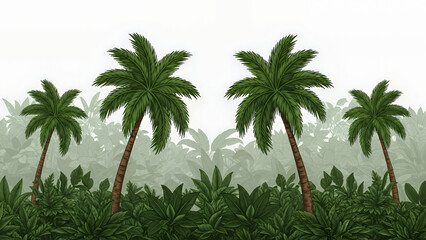Fototapeta premium Lush green palm trees and dense jungle foliage under a hazy sky tropical leaves