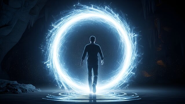 Man approaches a mesmerizing blue light portal in a dark, mysterious cave.