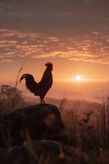 Fototapeta premium Rooster crowing in the morning with sunrise.