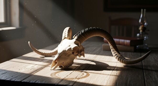An animal skull with curved horns lies on a wooden table illuminated by sunlight streaming through a window