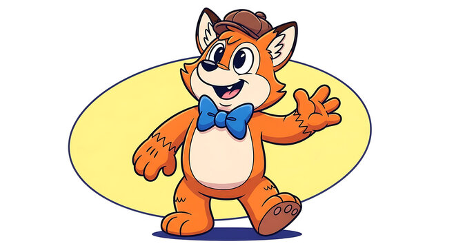 A cartoon character of a smiling orange fox with a blue bow tie.