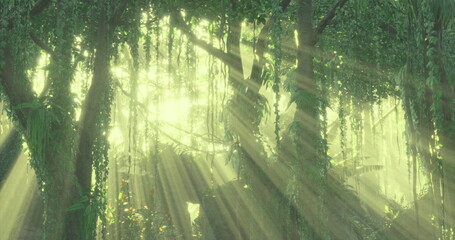 Fototapeta premium Sunlight streams through dense trees, illuminating the vibrant greenery of a peaceful forest. Rays of light create a serene atmosphere amidst the natural beauty of the landscape.