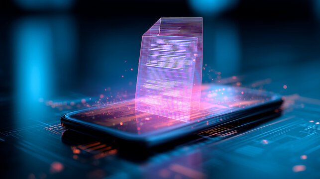 Smartphone displaying a holographic document file symbolizing secure mobile data and paperless workflow. technological background
