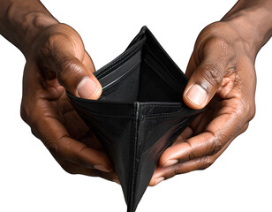 Empty black wallet held at a slight angle by male hands transparent background 