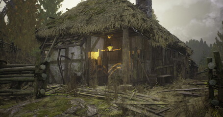 A weathered cottage with a thatched roof sits amid dense trees. Warm light glows from a window, offering a cozy contrast to the cool, foggy surroundings of an evening forest. © icetray
