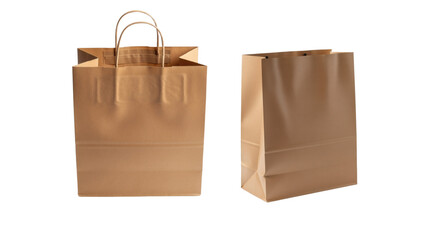 Two rectangular brown paper carriers with handle cutouts, angled against a black backdrop. One shows front, other a side view