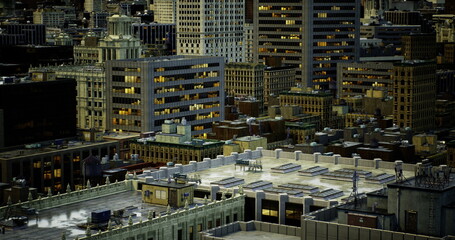 Array of rooftop hvac units on apartment block, repetitive mechanical grid with vents and piping, access hatches and safety railings, reflective metal casings © icetray