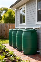 Four Large Rainwater Harvesting Barrels Connected to Gutter System Beside Eco Friendly Suburban House Garden for Sustainable Water Conservation Concept