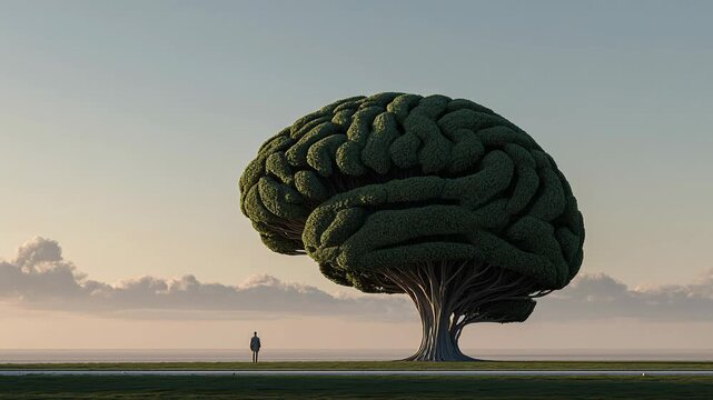 Silhouette man watering tree shaped like brain concept. Brain nurture concept man watering symbolic mind tree outdoors.