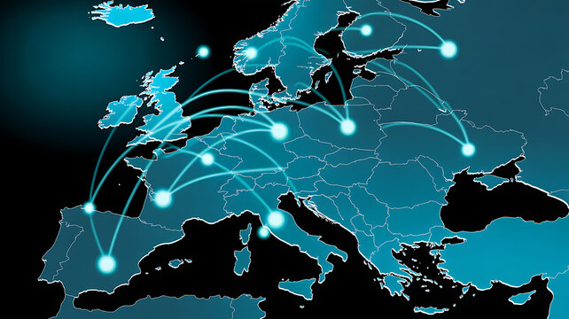 European connections map with glowing network lines and nodes