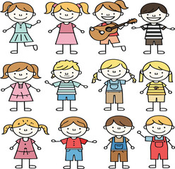 Fototapeta premium Cute stick figure children character set with boys and girls in playful poses for education and kids design