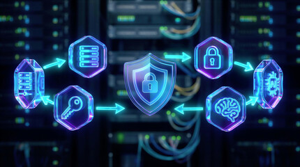 Fototapeta premium Cybersecurity icons with shield in data center server room