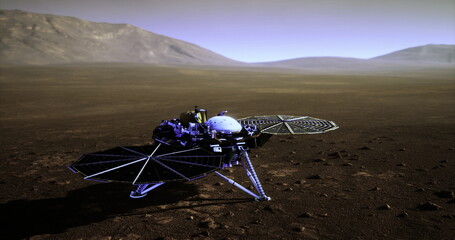 martian plain research lander at sunrise, intact survey probe deployed on dusty plains with open instruments and solar panels, panoramic horizon with distant © icetray