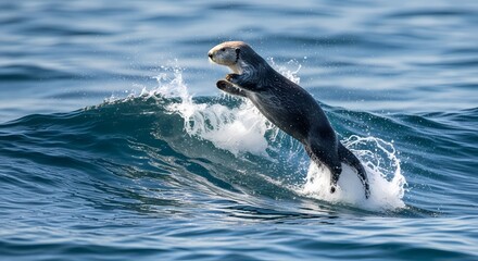 Obraz premium An agile otter leaps gracefully out of the blue ocean water, creating a dynamic splash as it rides a small wave.