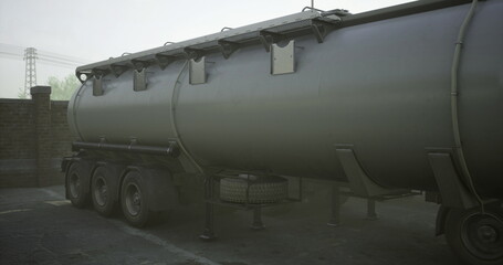 Parked tanker trailer in foggy yard, brick perimeter and damp concrete, rust streaks along tank body, visible vent valves and wheel chocks, patrol supervisor