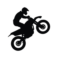 Daring motorcyclist performing a thrilling mid-air jump silhouette vector illustration, A dynamic black and white silhouette of a motorcyclist performing an impressive mid-air jump on a dirt bike