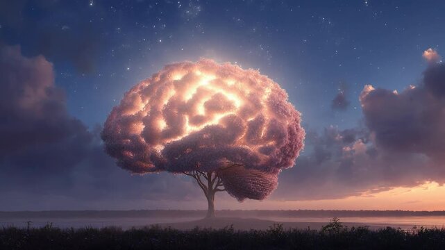 Silhouette man watering tree shaped like brain concept. Mental expansion concept man watering tree shaped as brain.