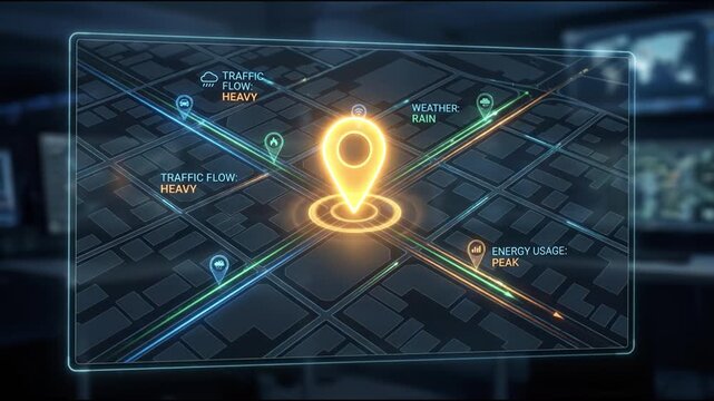 Glowing digital map pin marking urban intersection with traffic flow indicators rain alert and energy usage data. smart city navigation map showing illuminated street grid heavy traffic flow alerts