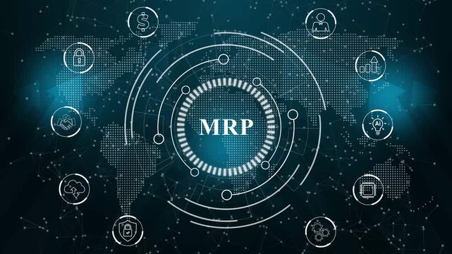 MRP Material Requirement planning Manufacturing Industry Business Process automation. Abstract technology data connection symbols on a deep cyan color background.